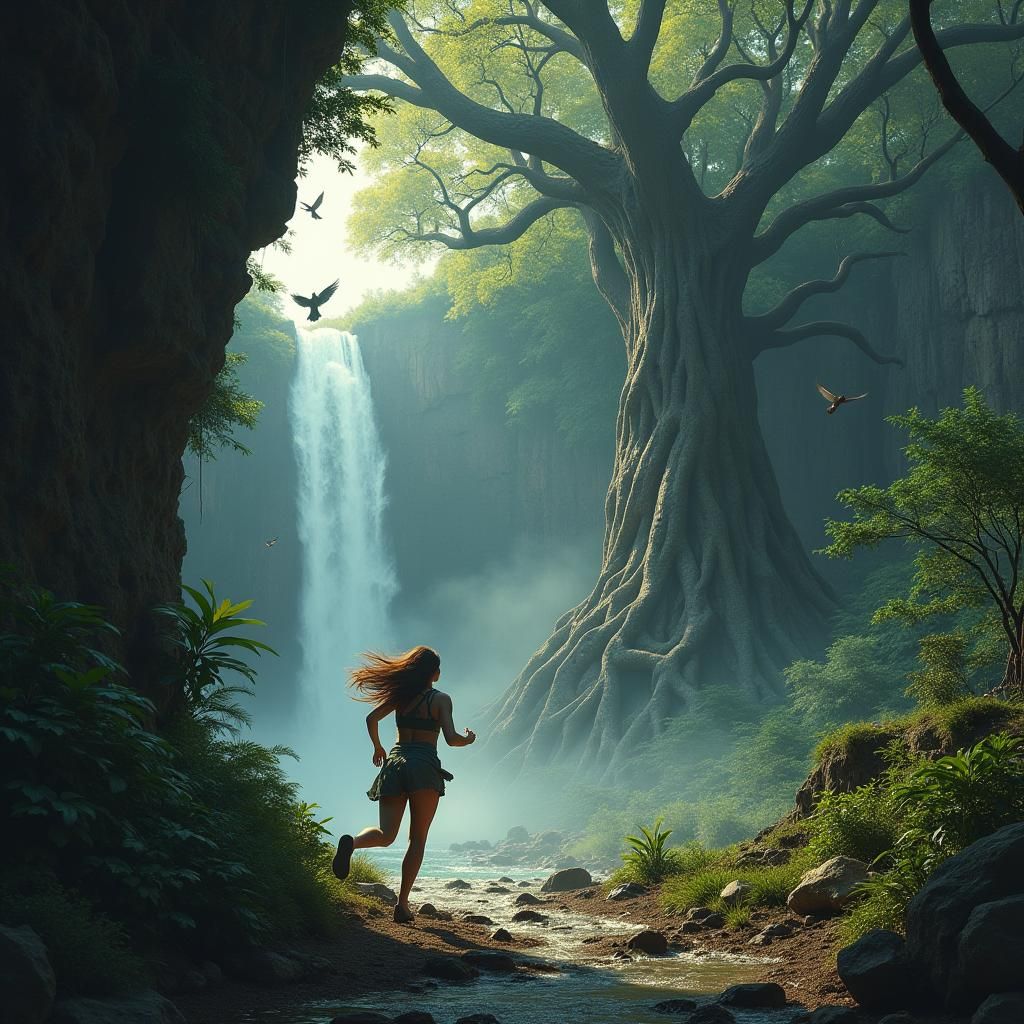 Woman in Dark Jungle with Waterfall, Surreal Art