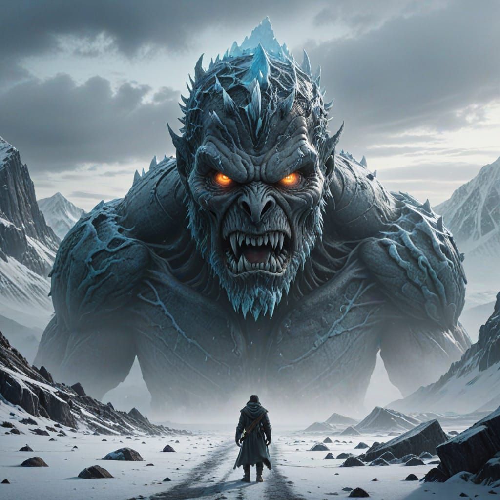 Colossal Monster Emerges from Icy Mists in Fantasy Art