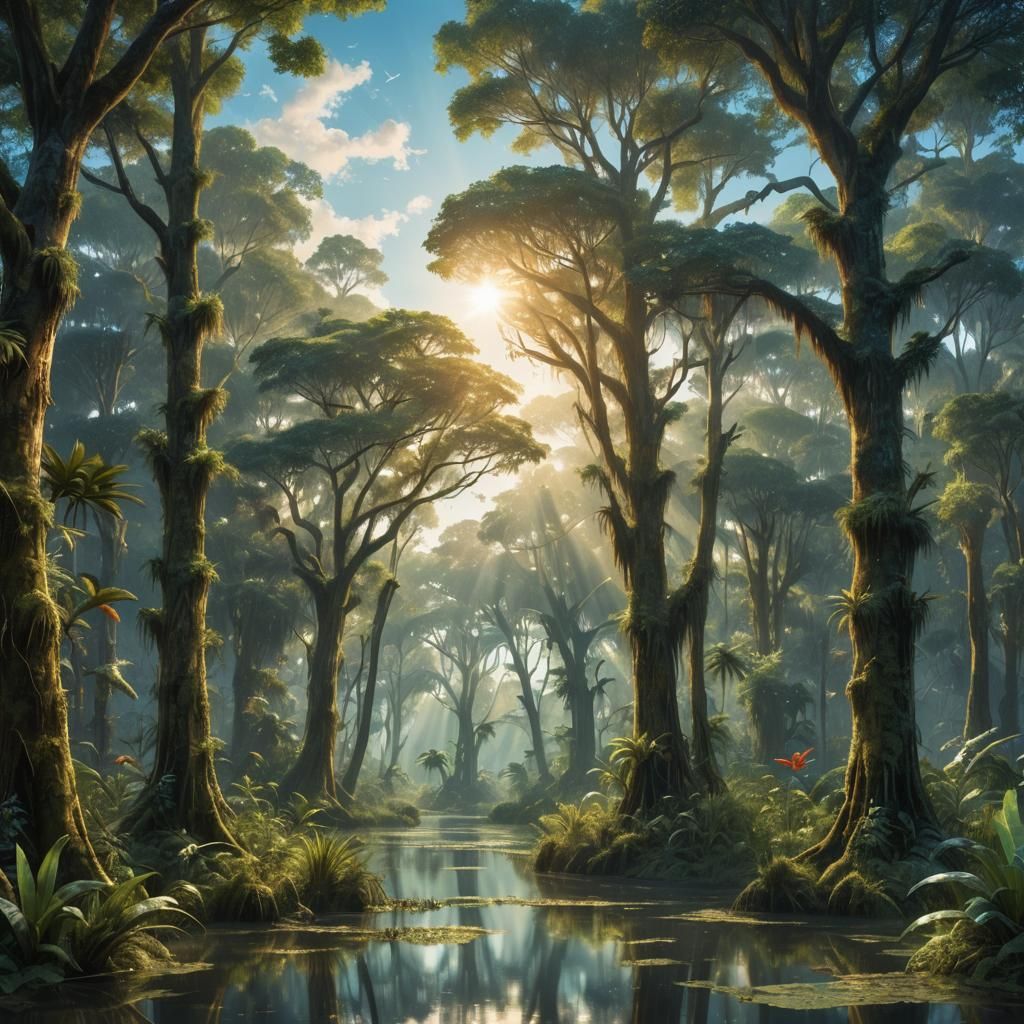 Lush Swamp Scene with Kingfishers and Palms