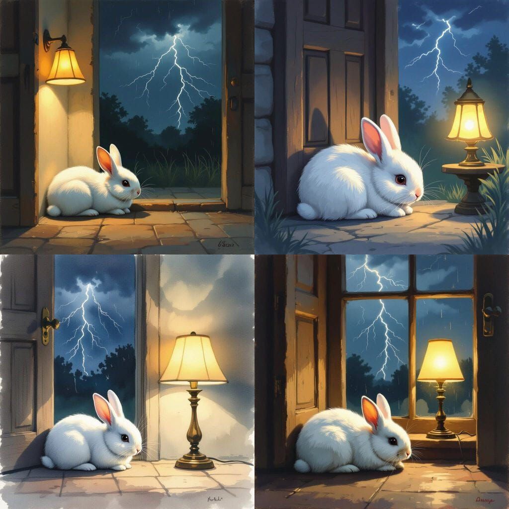 White Rabbit Waits Near Indian Home Door at Night