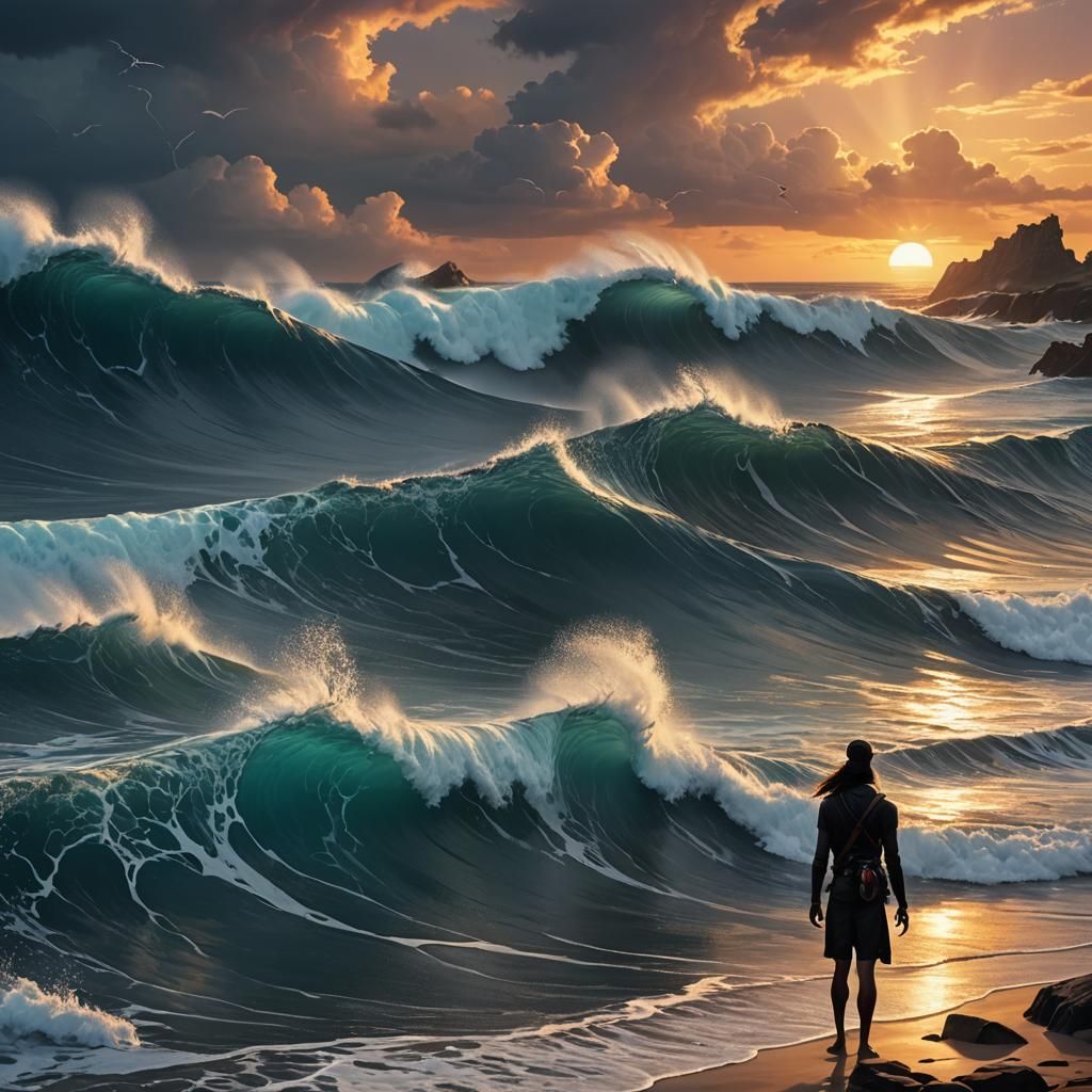 Ocean Creatures and Humans in Storm at Sunset