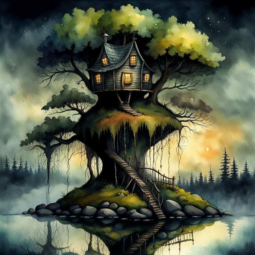 Watercolor Treehouse on Gloomy Island Landscape