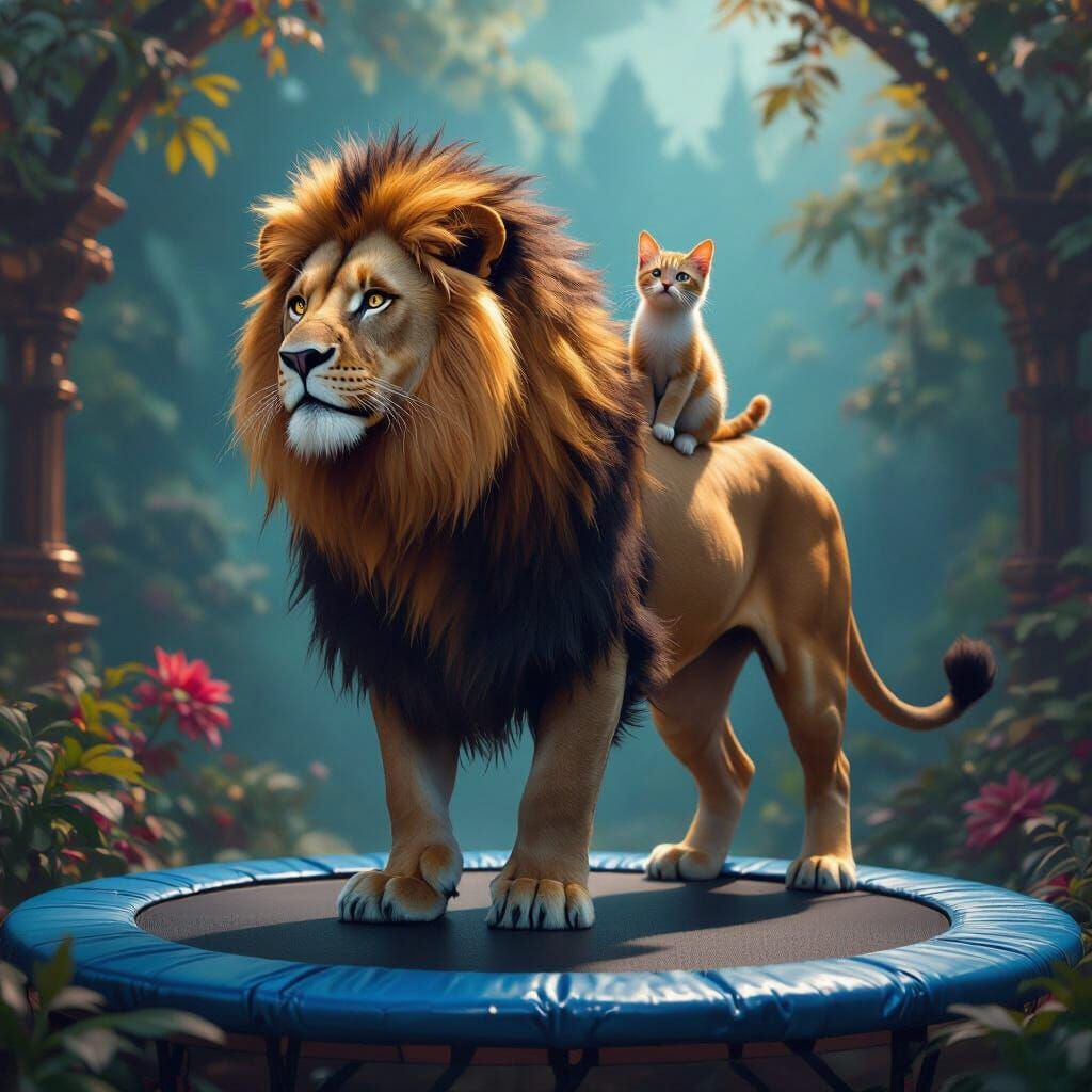 Majestic Lion and Cat on Trampoline in Fantasy Art Style