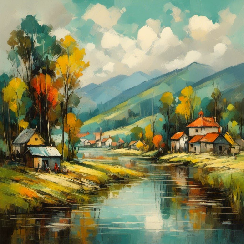 Calm Rural Town with River Scene