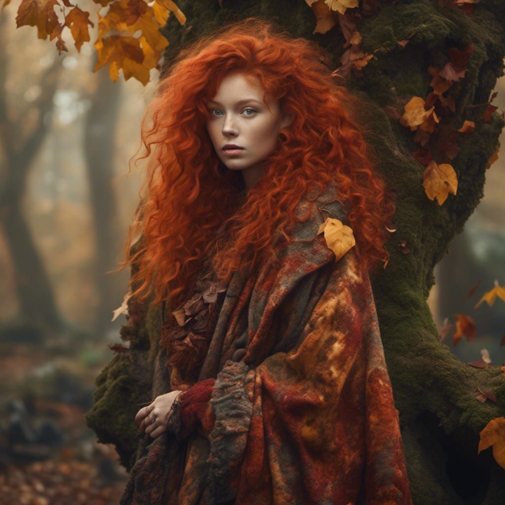 Girl with Red Hair in Autumn Forest Photo
