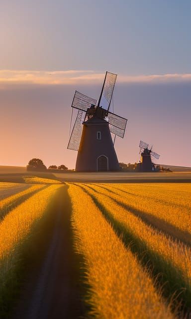 Rural Landscape with Windmill at Sunset, Impressionistic Sty...