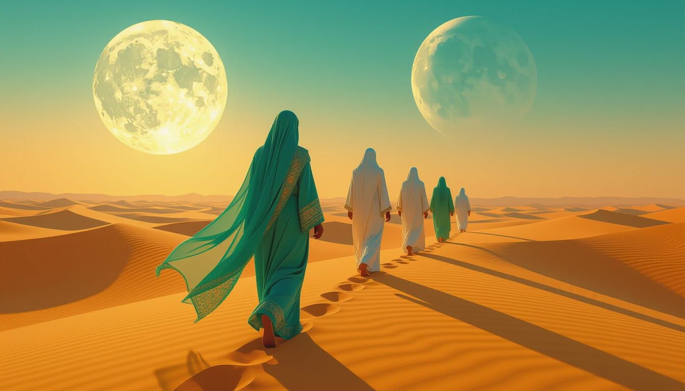 Desert Walkers Under Twin Suns: Futuristic Rendering