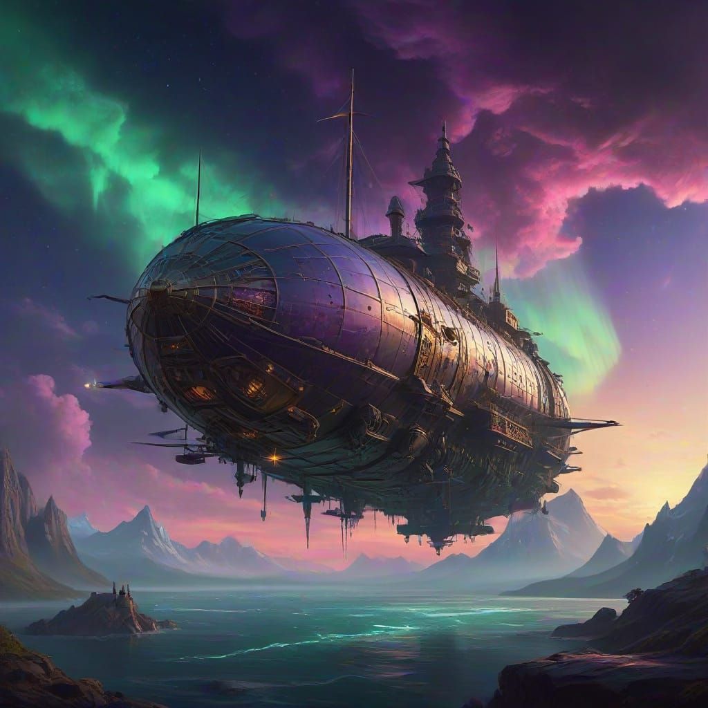 Steampunk Airship Navigates Emerald Nebula