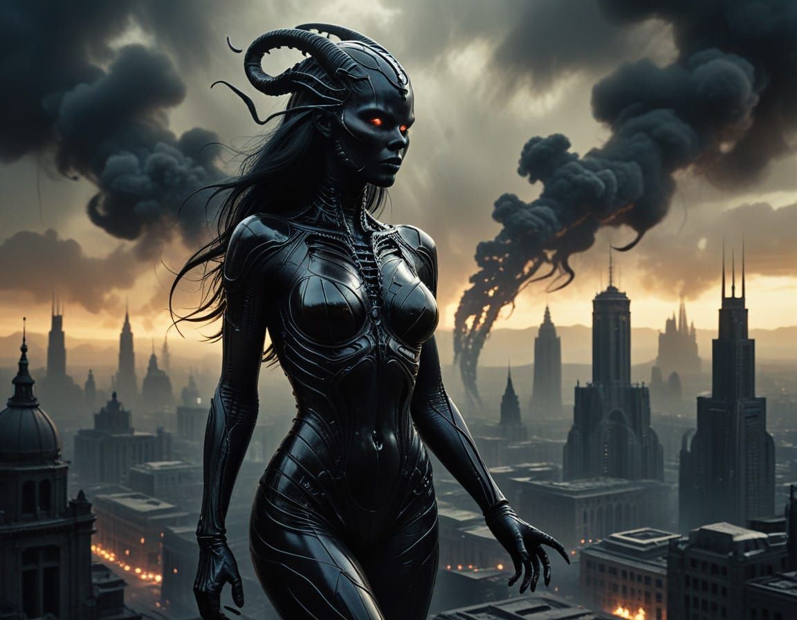 Surreal Demoness in Film Noir Cityscape