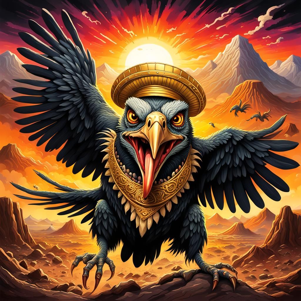 black Day of Dead angry vulture wearing gold sombrero with bad teeth lizards eyeballs crosses worms tongues explosion wh...