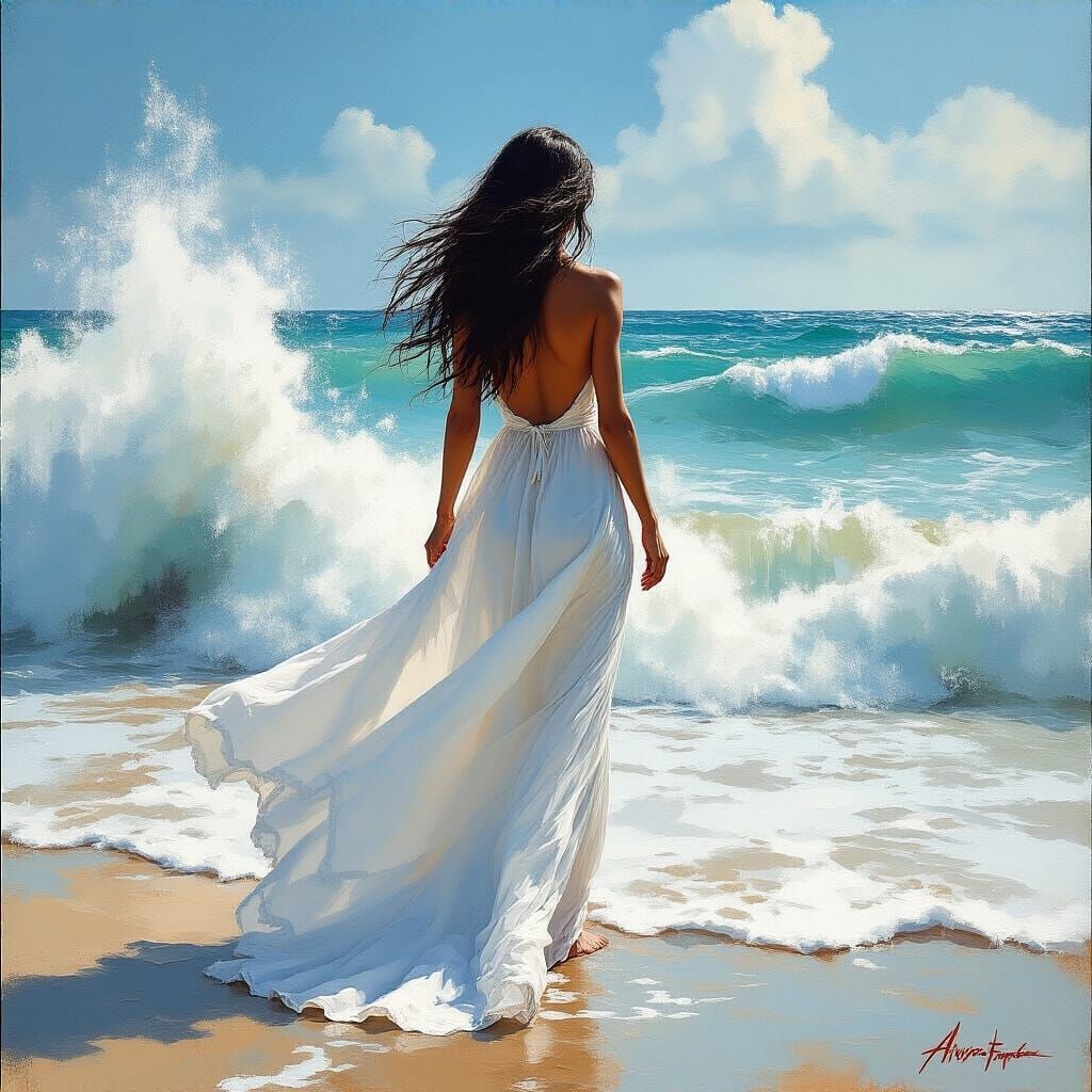 Model by the Ocean in Watercolor Painting Style