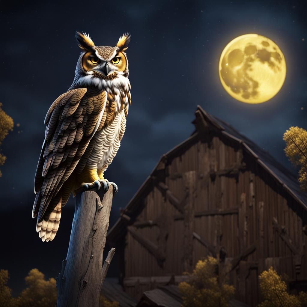 Great Horned Owl on Barn in Matte Painting Style