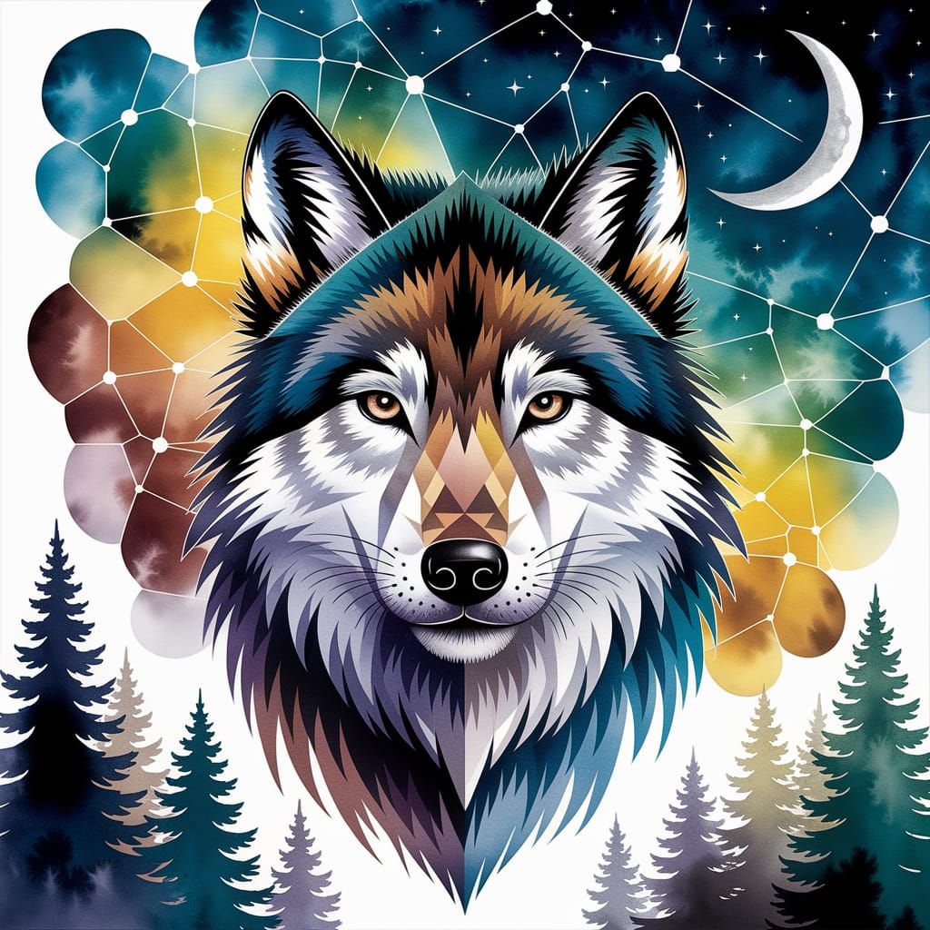 Abstract highly fragmented stylized wolf portrait, watercolor and ink, stained-glass, cosmic background, segmented shape...