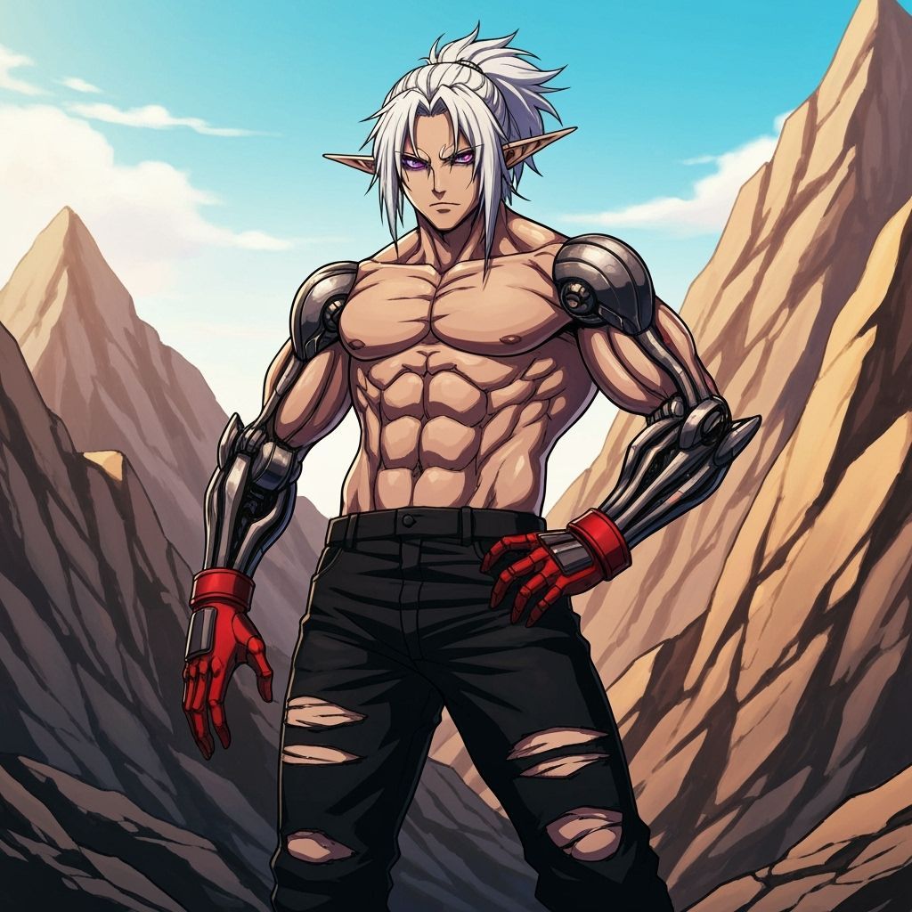 Dark Elf with Mechanical Arms in Anime Style