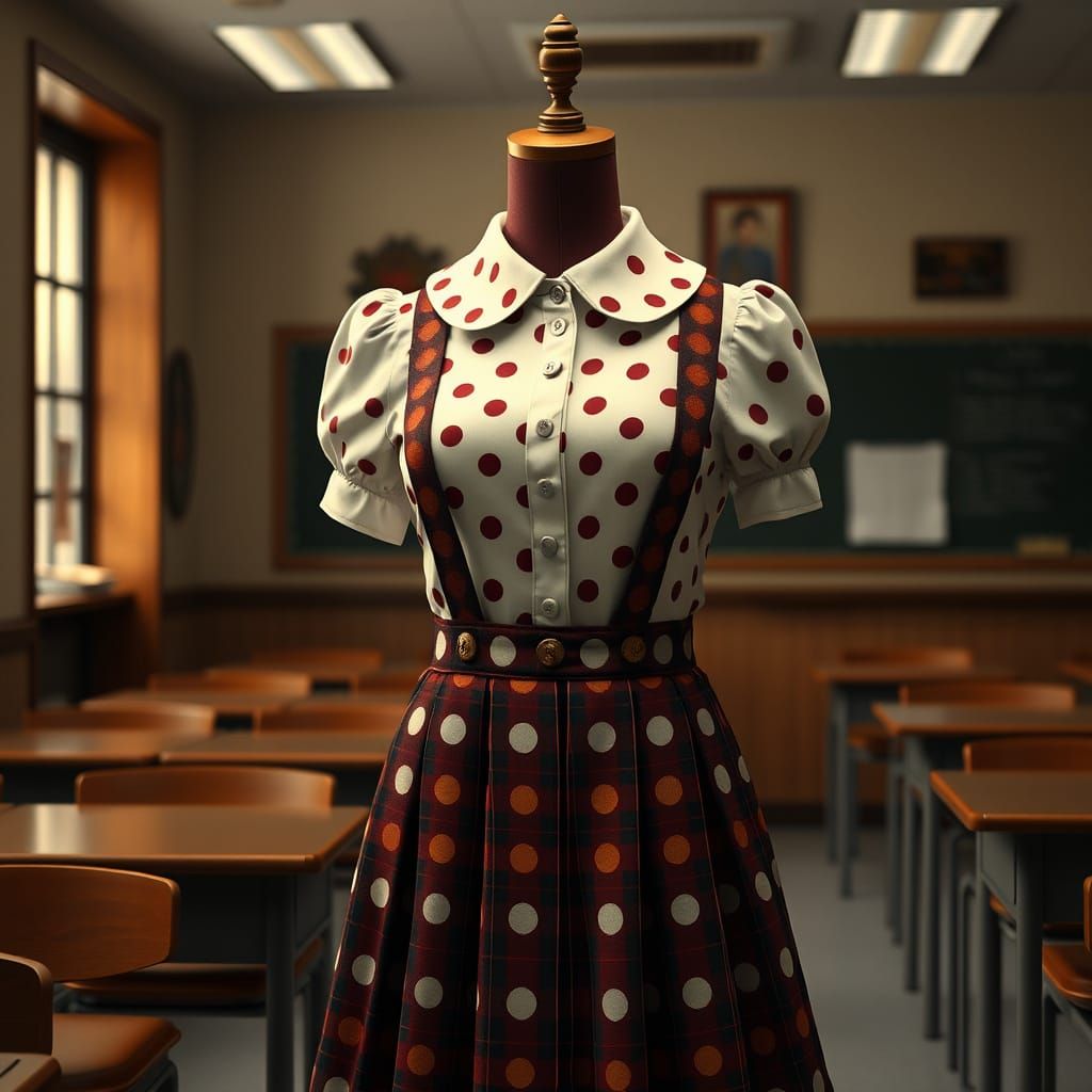 Whimsical Polka Dot Schoolgirl Uniform in Fantasy Art