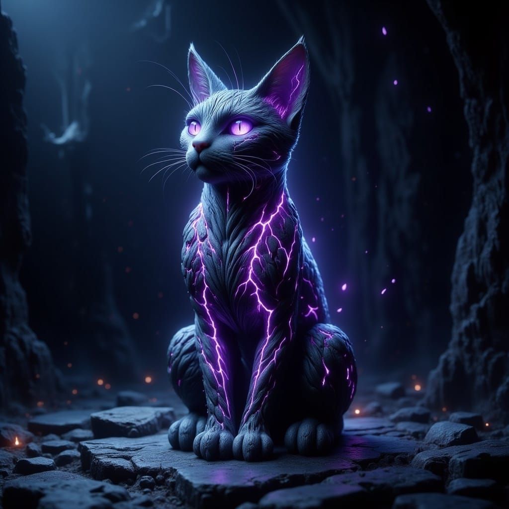 Ominous Cat Sculpture with Purple Glowing Cracks