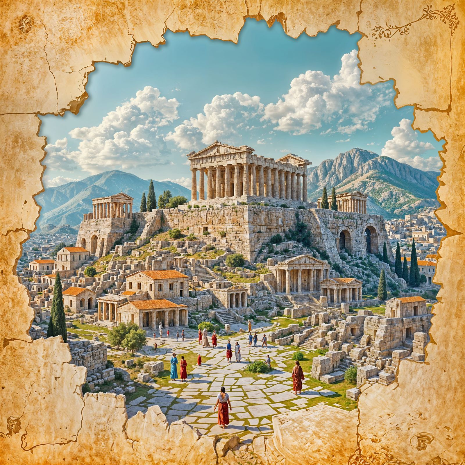 Ancient Greek City Rises from Papyrus, Realism Style