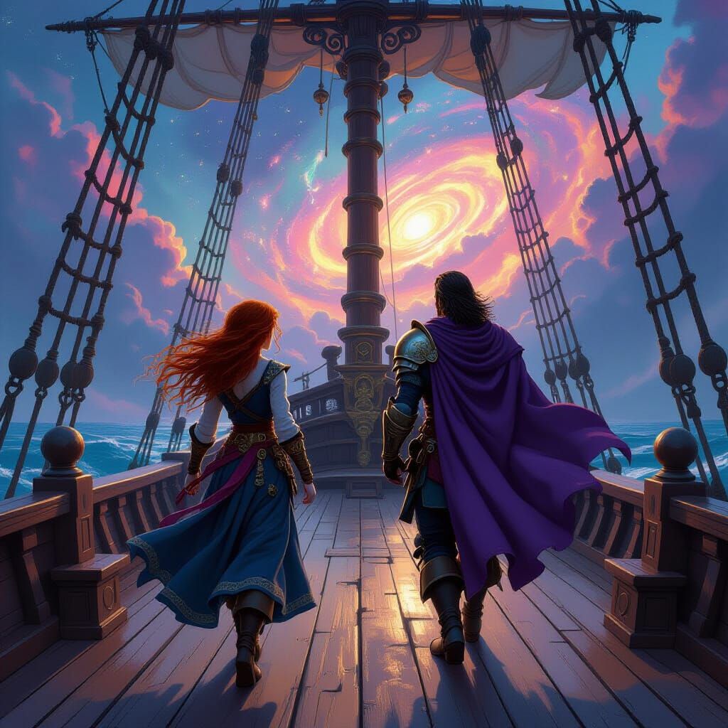 Pirate Girl and Knight on Ornate Fantasy Boat Deck