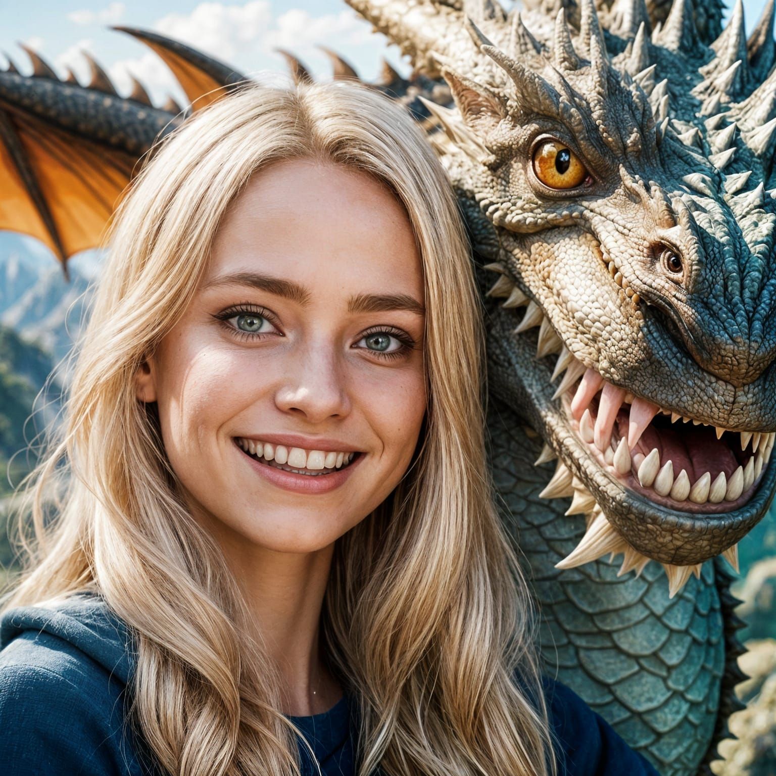 Selfie of Woman with Dragon, Realistic Photo