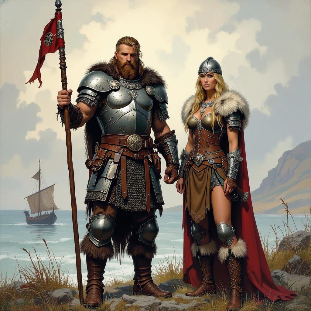 Medieval Knight and Armored Viking in Nordic Landscape