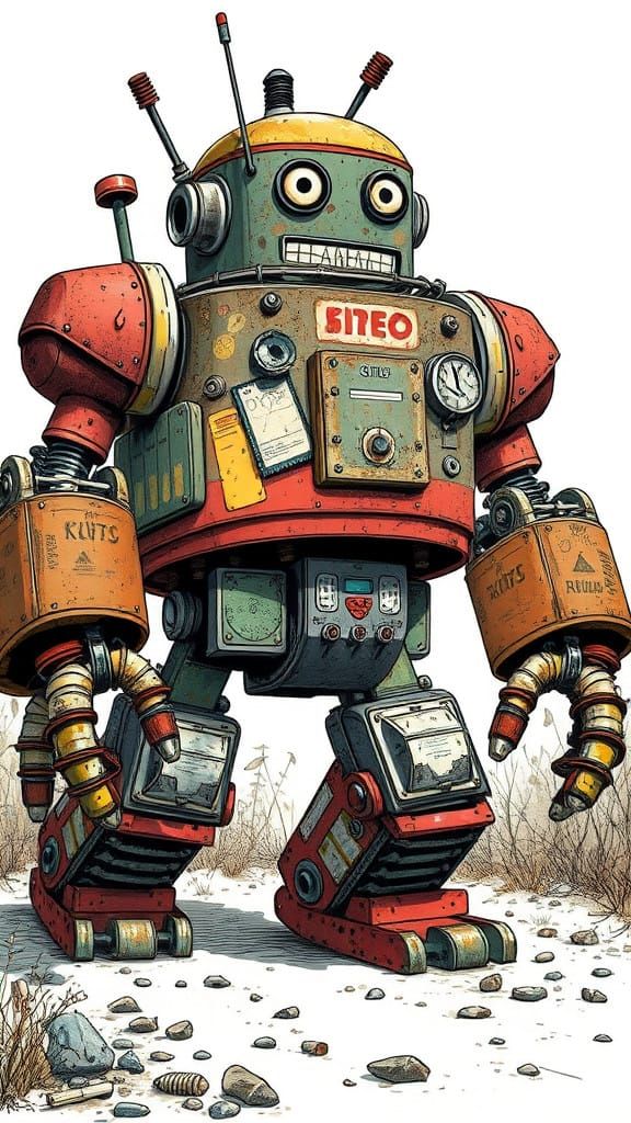 Humorous Junkyard Robot Stumbles Forward, A Satirical Marvel