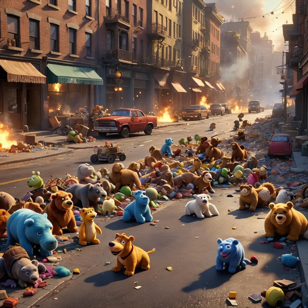 Stuffed Animals Clash in Toy War Zone: Pixar Style