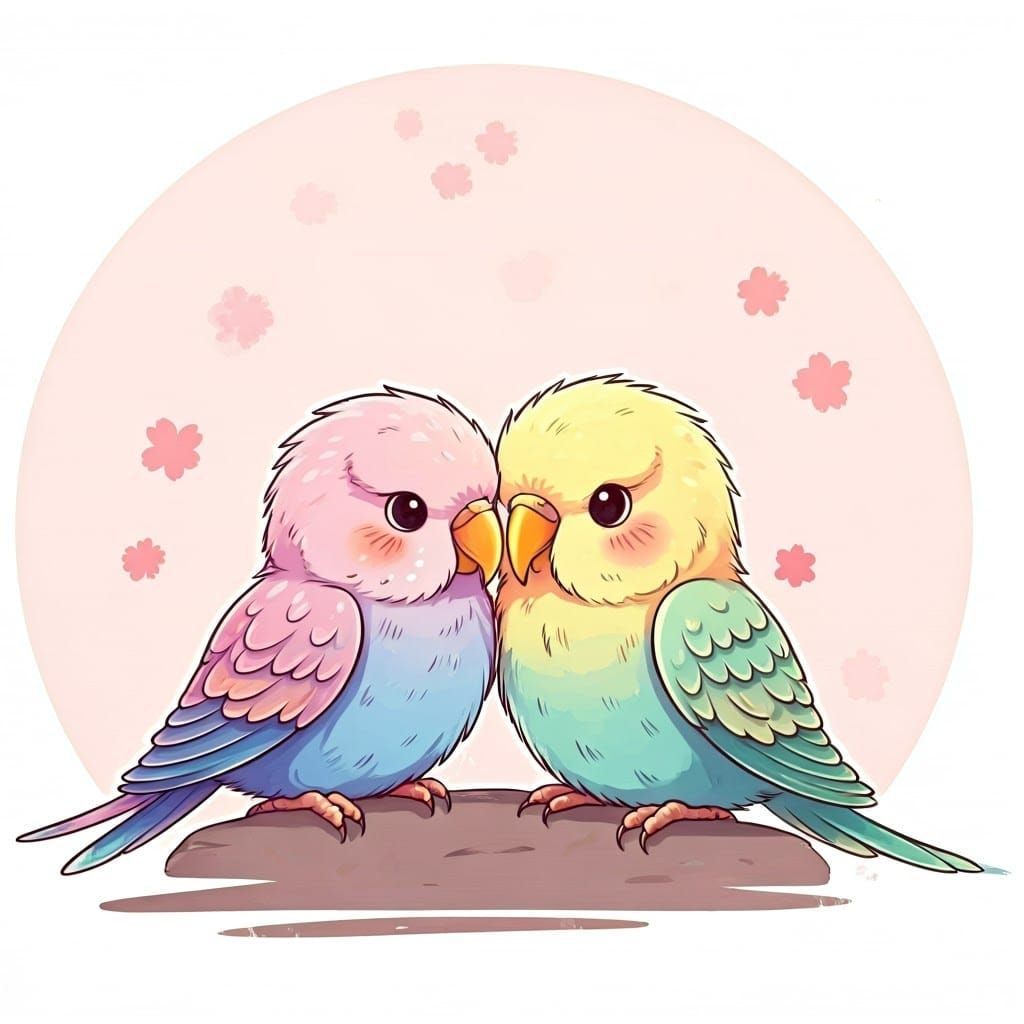Chibi Lovebirds in Whimsical Anime Landscape