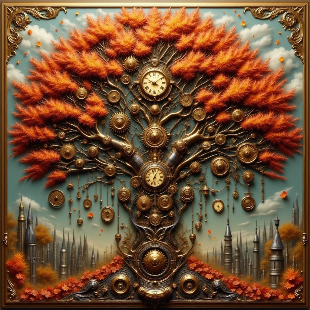 Steampunk Mechanical Tree in Autumn Industrial Zone