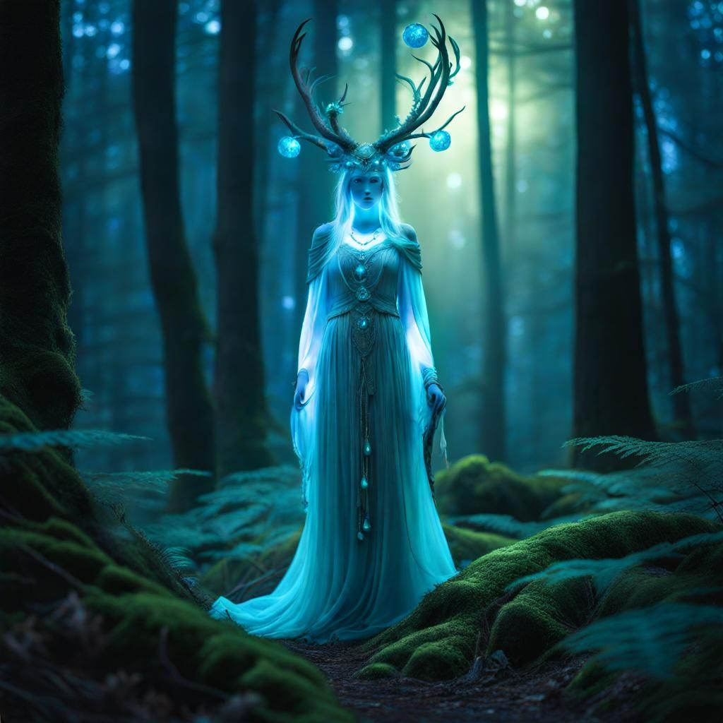 Forest Spirit Guiding Wanderers with Bioluminescent Trails