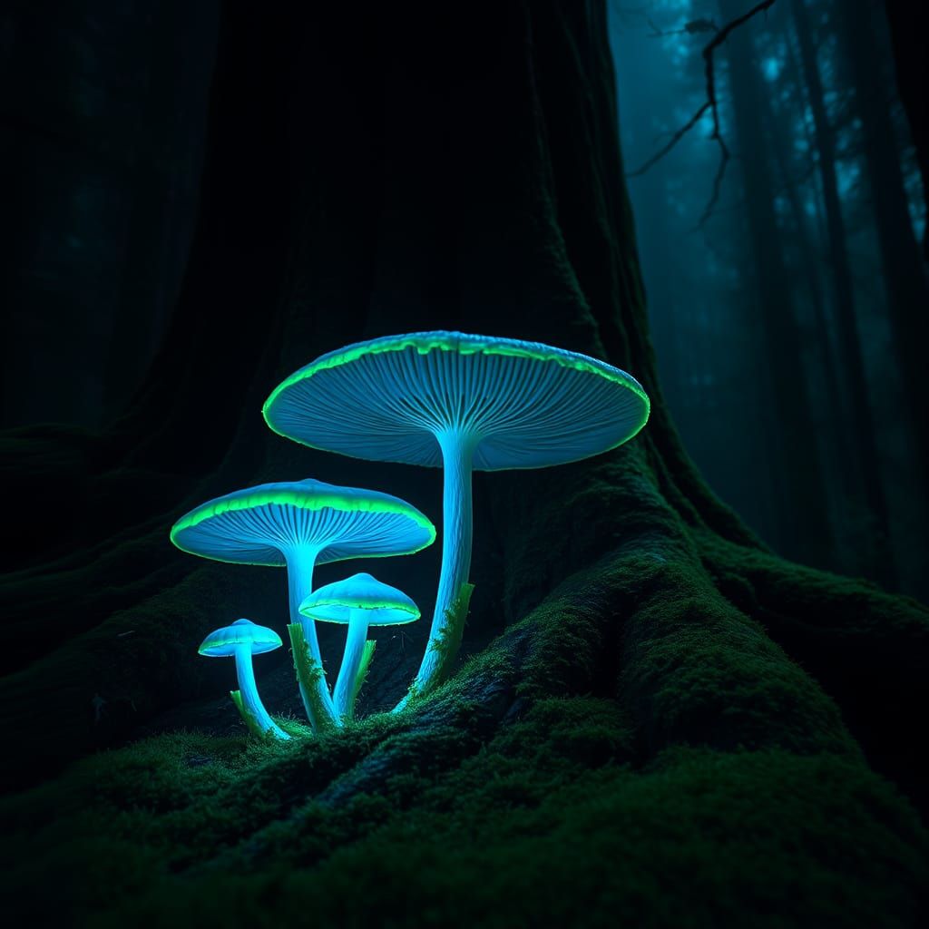 Neon Mushroom in Misty Forest: Digital Art
