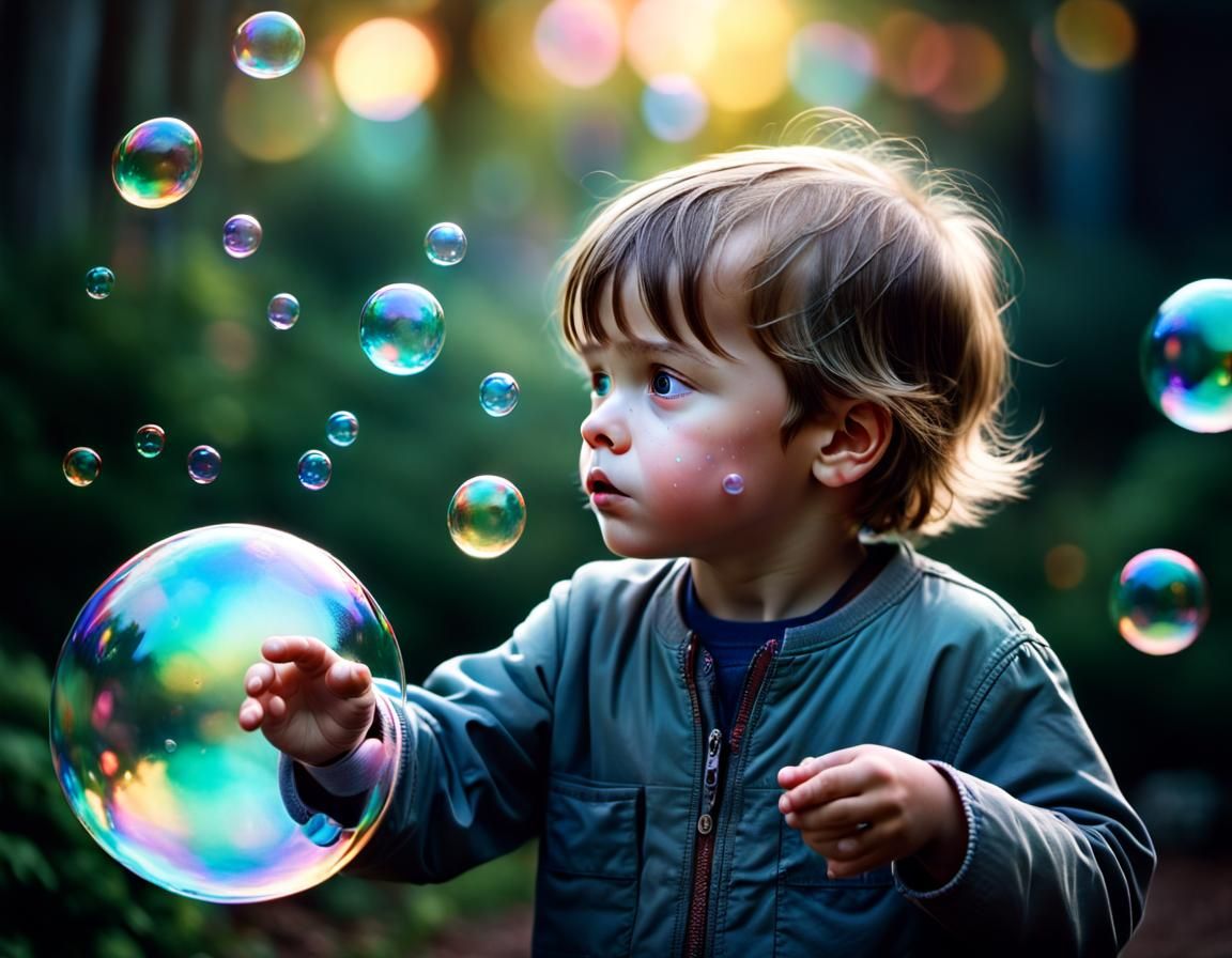 Child and Iridescent Soap Bubble with Bokeh