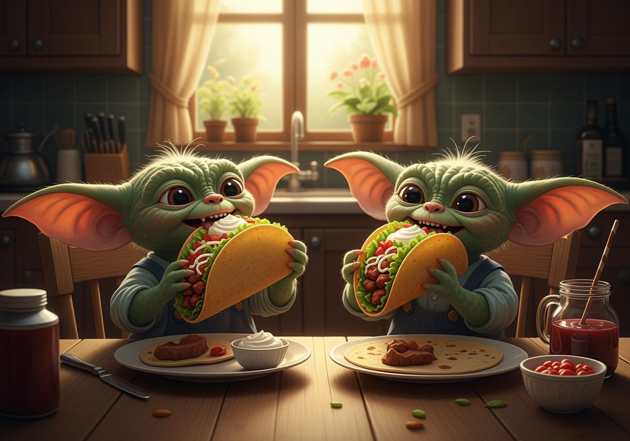 Cute Gremlins Enjoying Tacos in Whimsical Kitchen Art
