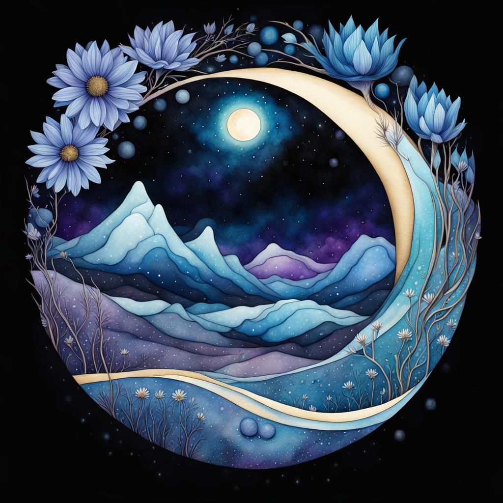 Watercolor Landscape in Inverted Starry Sky