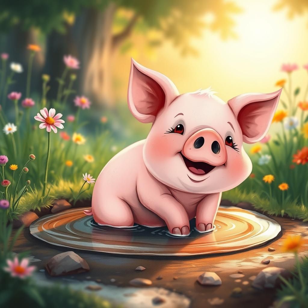 Happy Pink Pig Rolling: Whimsical Watercolor Illustration