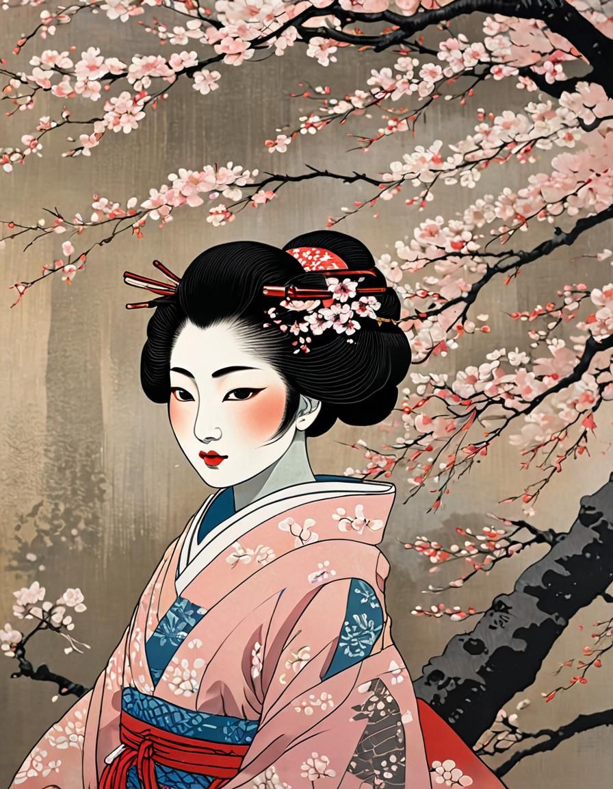 Geisha Under Sakura Tree: Ukiyo-e Style Painting