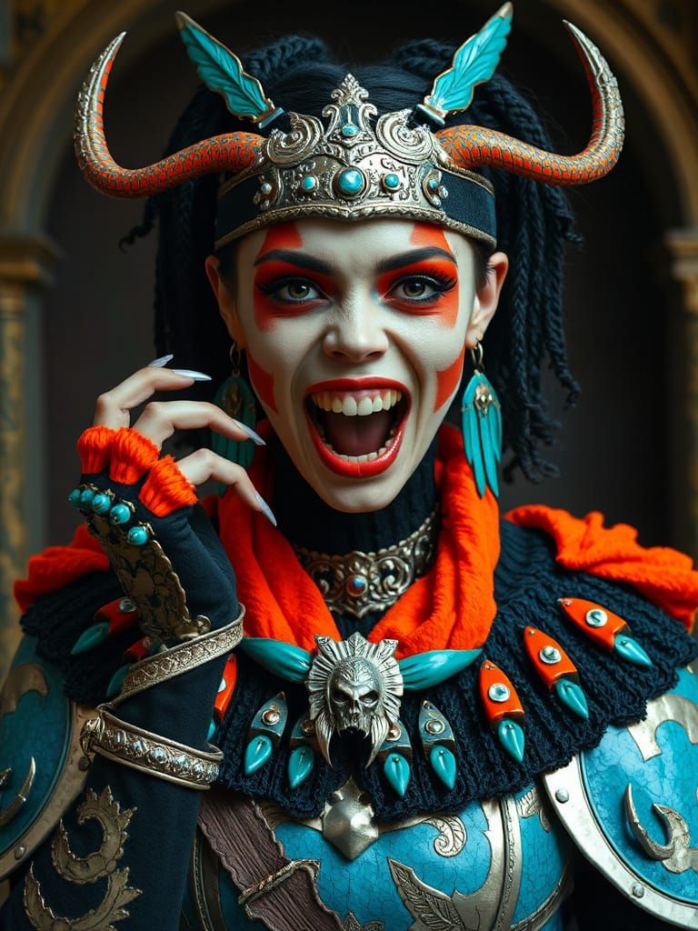 Gothic Queen with Turquoise Armor in Neoplastic Style