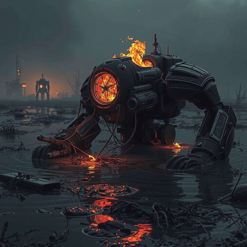 Crippled Metallic Mecha in Alien Swamp Inferno