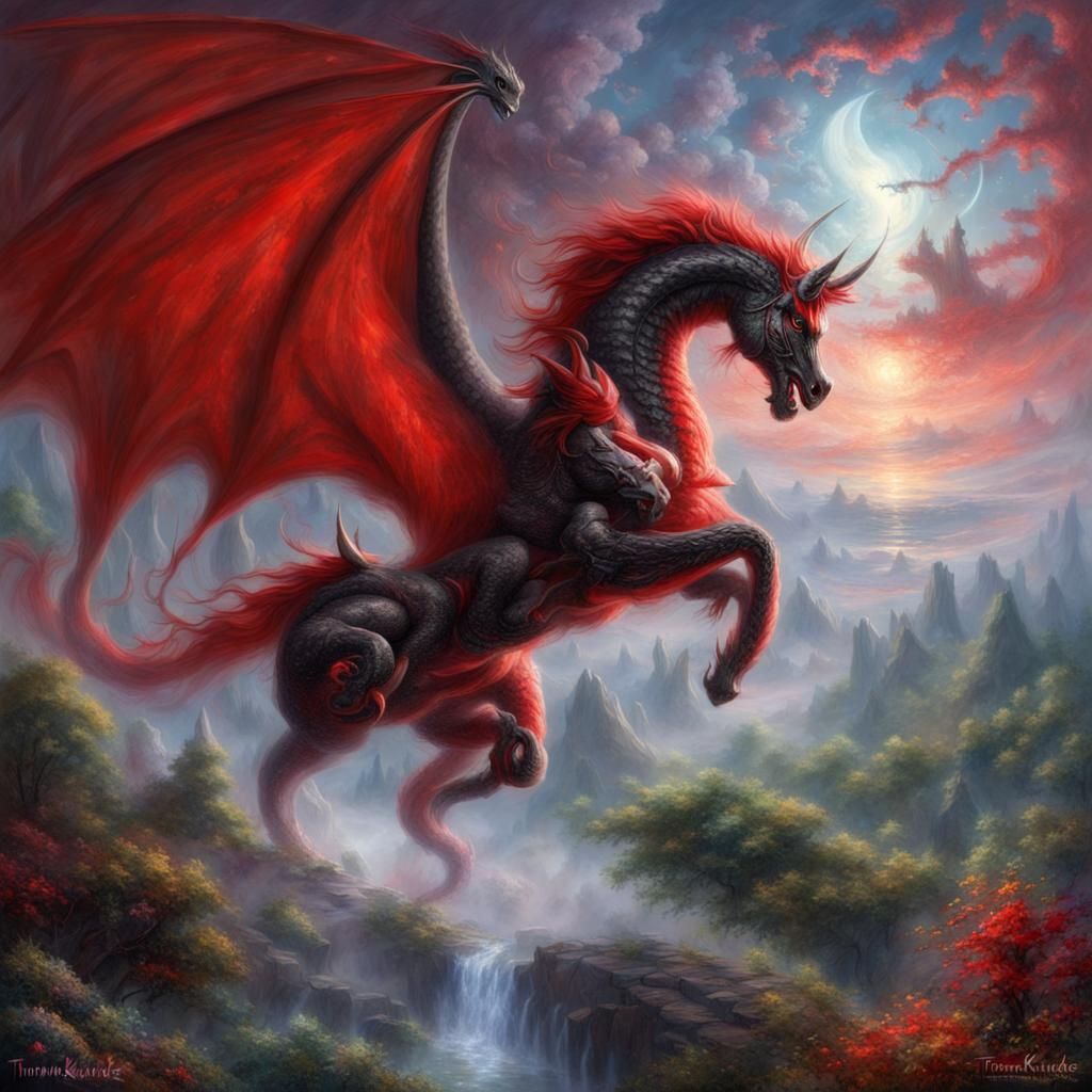Cosmic Battle: Red Unicorn Versus Black Dragon