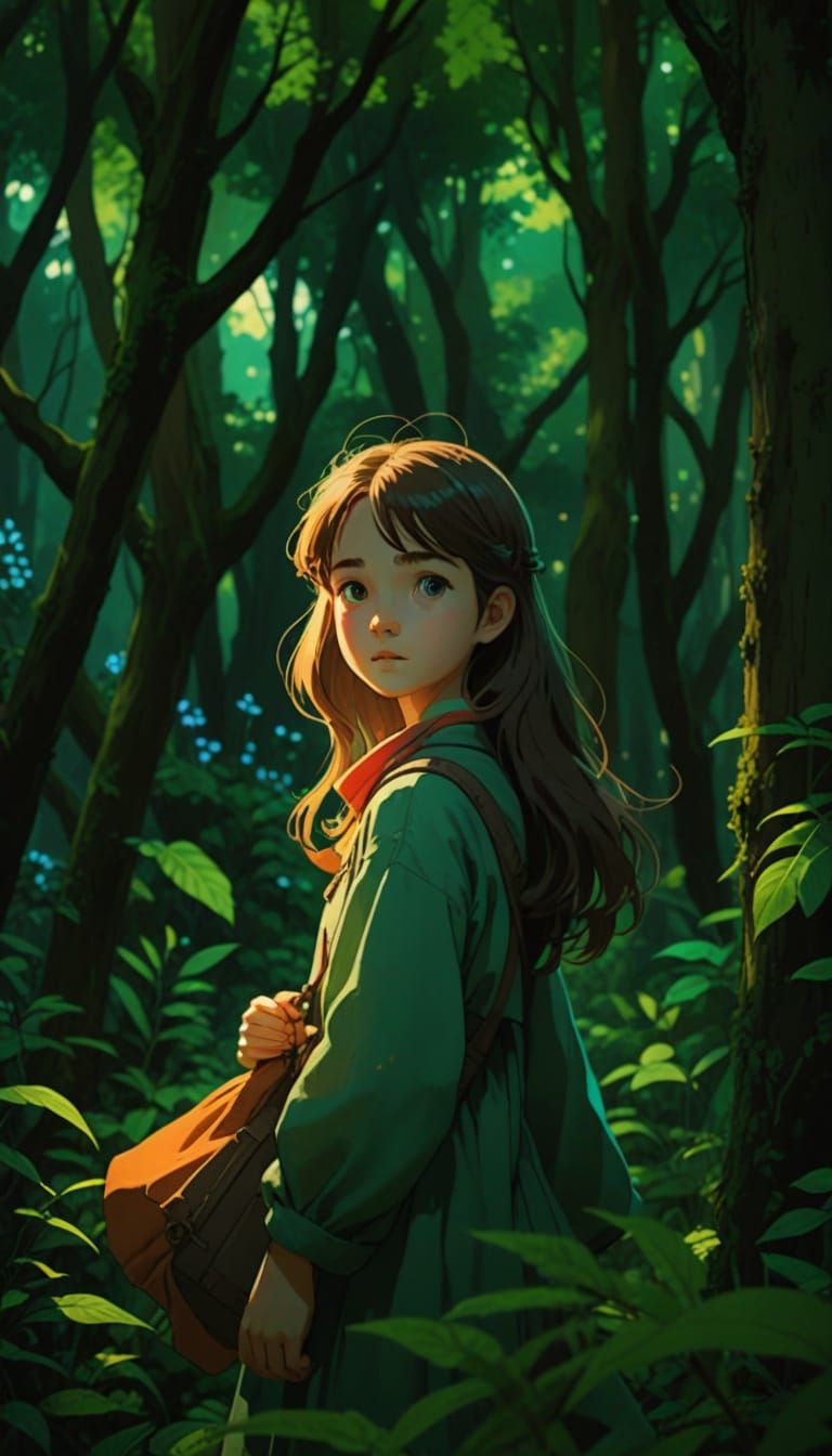 Whimsical Girl in Lush Forest, Inspired by Studio Ghibli