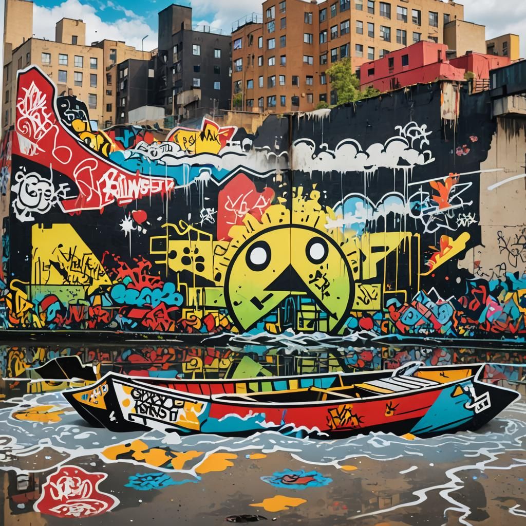 Graffiti Rowboat on Polluted River in Street Art Style