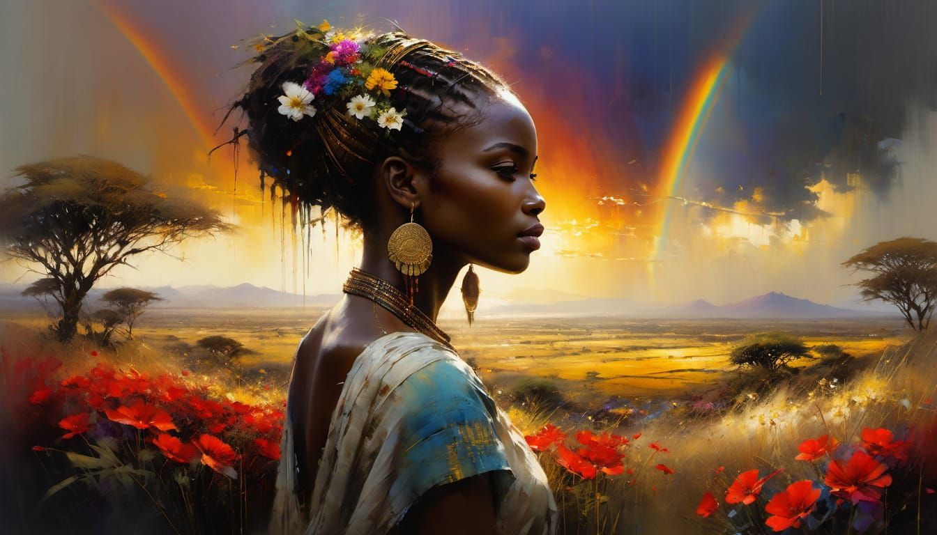 Golden African Goddess in a Vibrant Sunset Landscape
