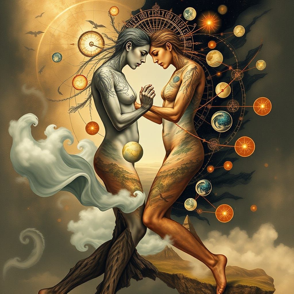 Cosmic Dance: Ethereal Figures in Surreal Dreamscape