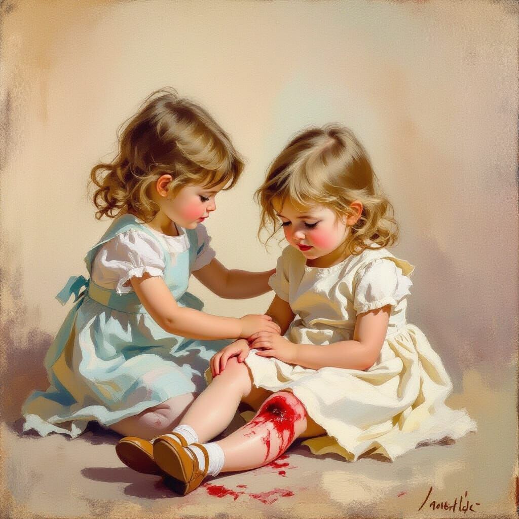 Young Girls Show Compassion After Injury, Impressionist Oil ...