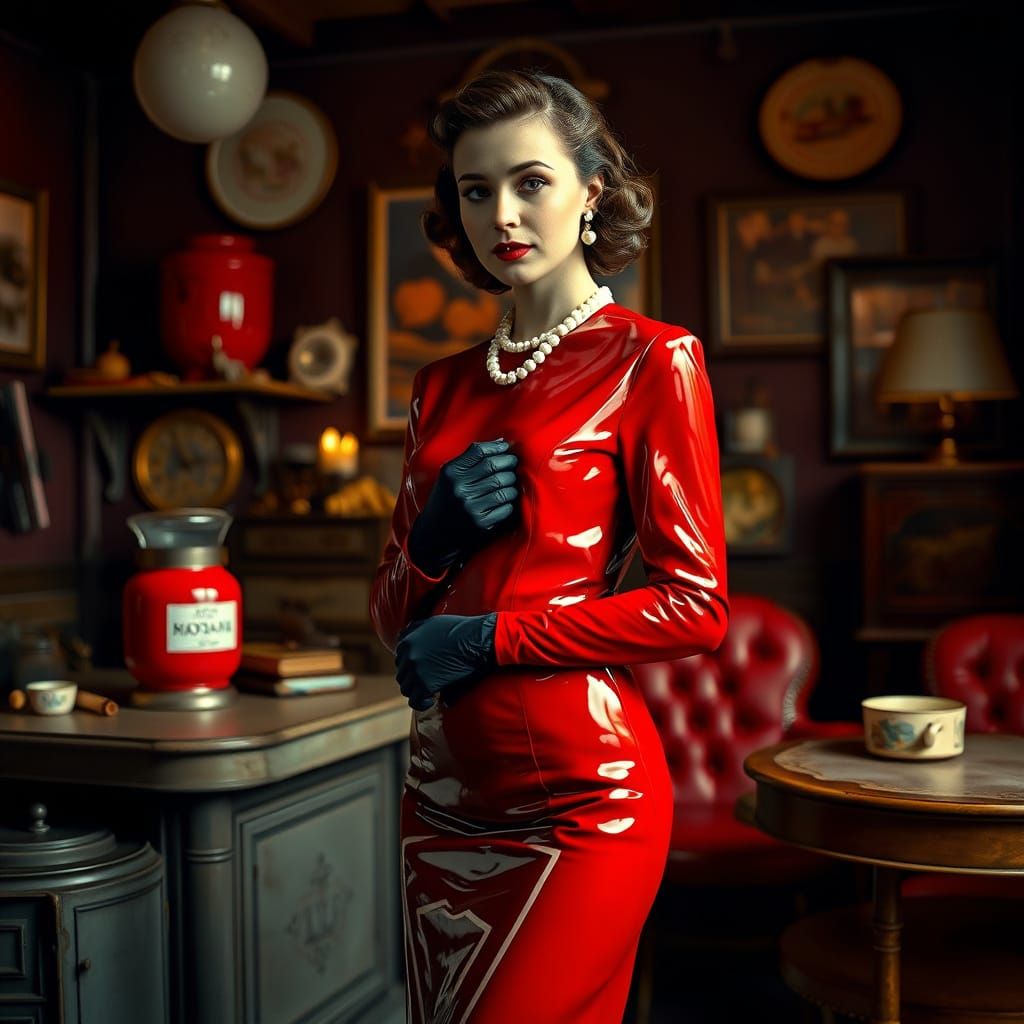 Vintage Femme Fatale in Red Latex Gown