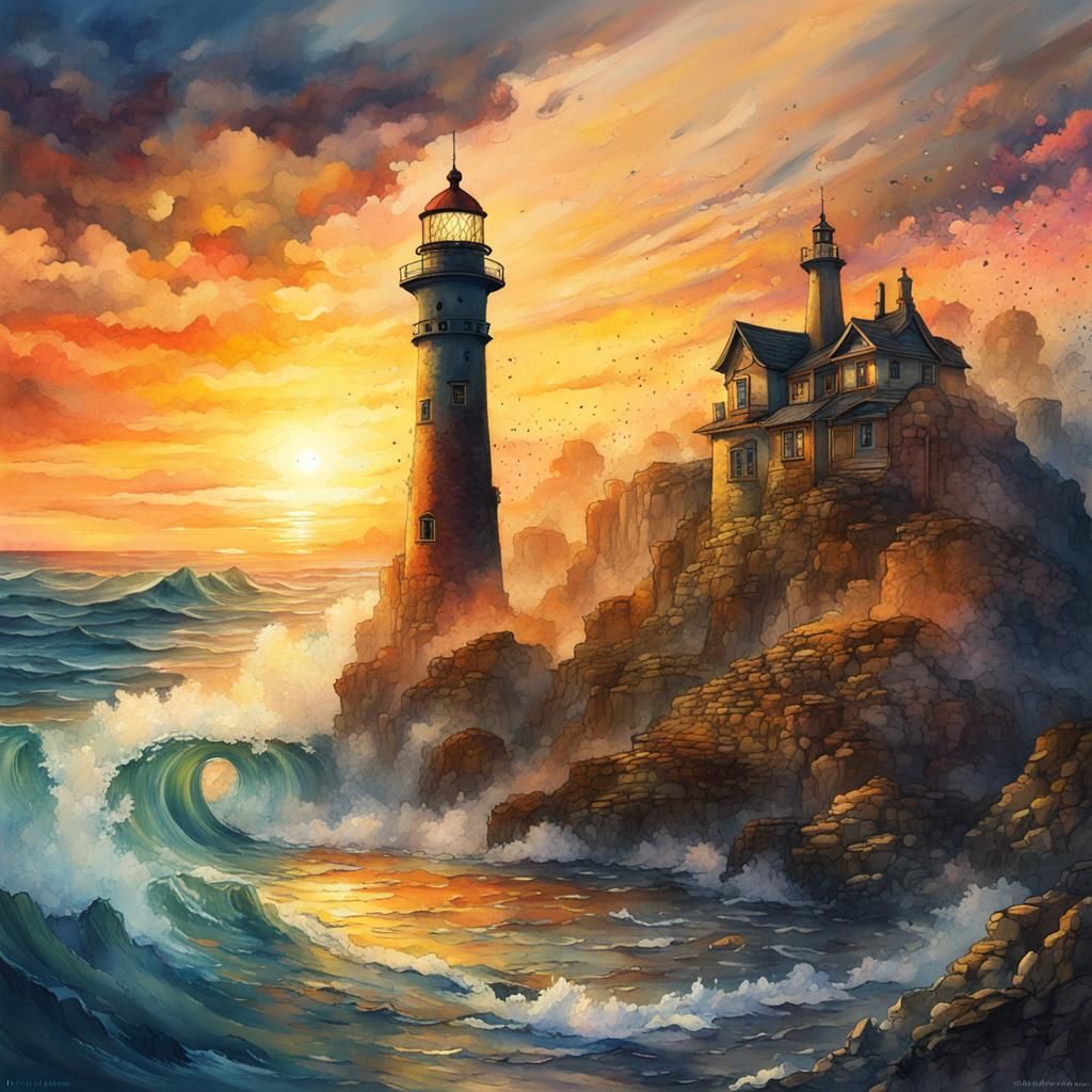 Golden Hour Lighthouse: Double Exposure Watercolor Seascape