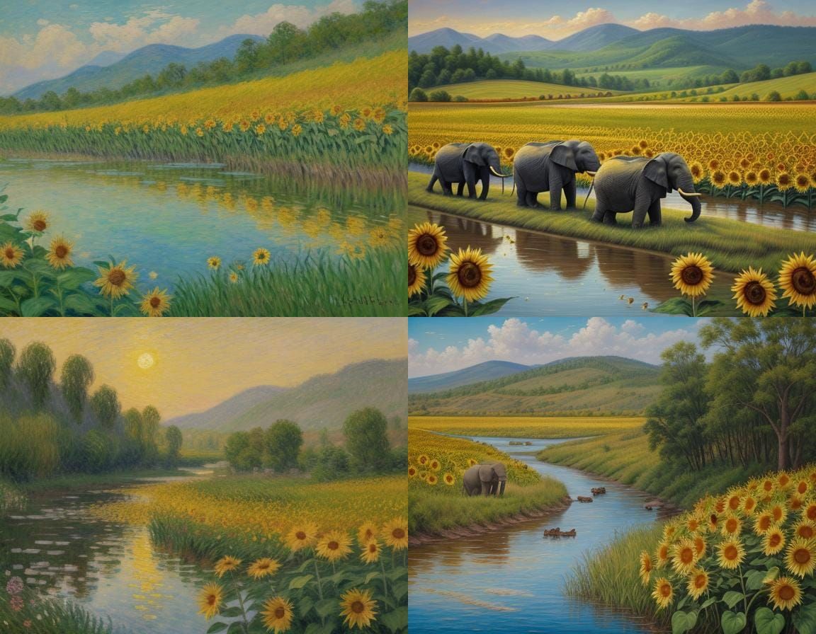 Elephants in Sunflower Field by River