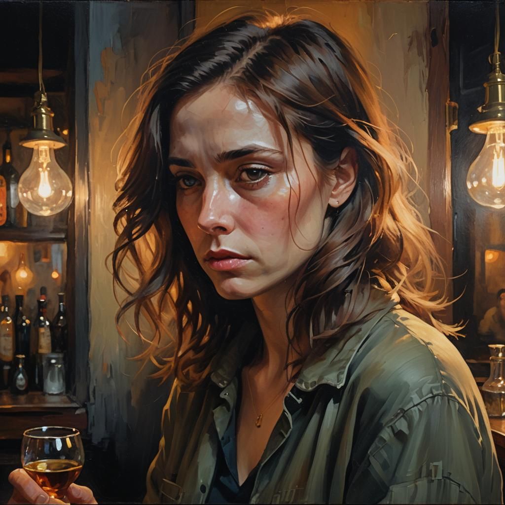Melancholic Portrait in Smoky Bar, Oil Painting