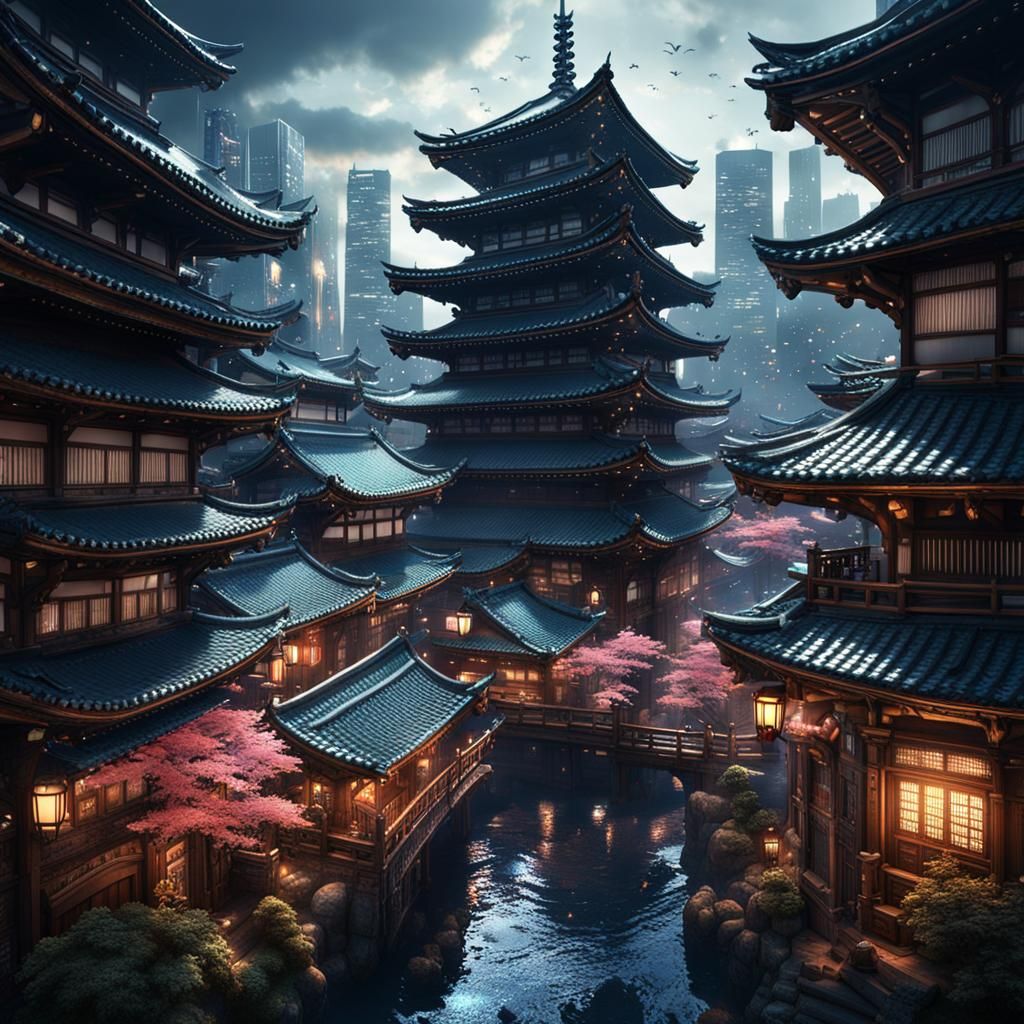 Feudal Tokyo Landscape: Detailed Matte Painting
