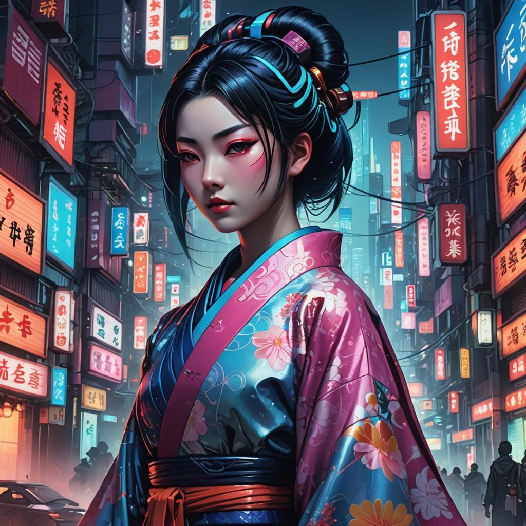 Cyberpunk Geisha in Futuristic City: Anime Art