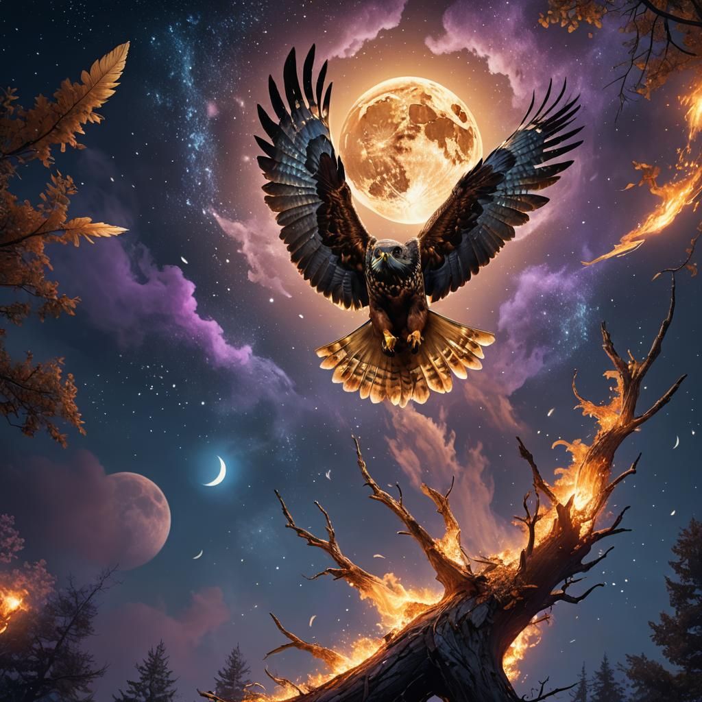 Hawk with Fire Wings Soaring to Fantasy Moon